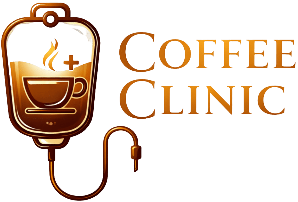 Coffee Clinic logo: IV bag with coffee cup