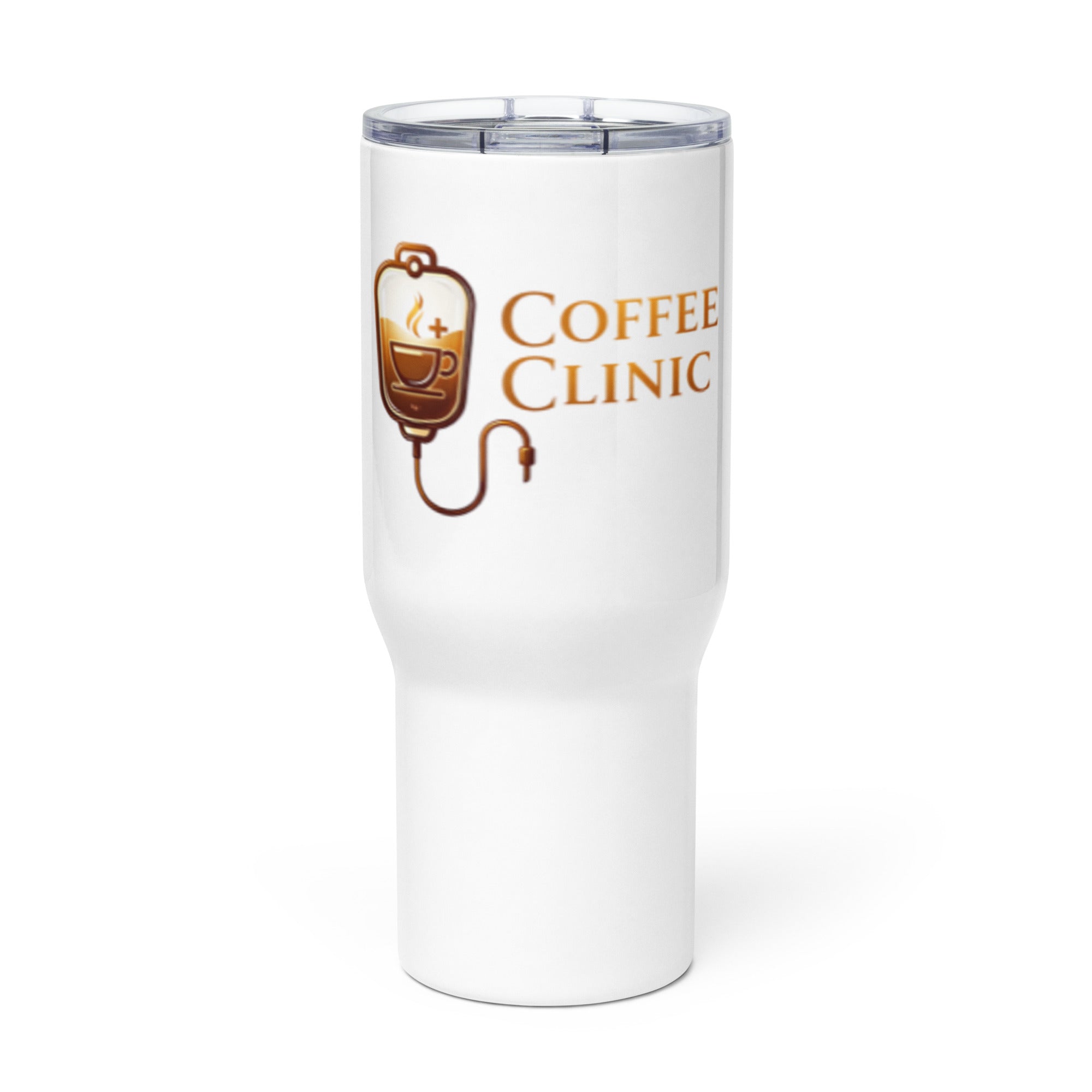 White travel tumbler with Coffee Clinic logo