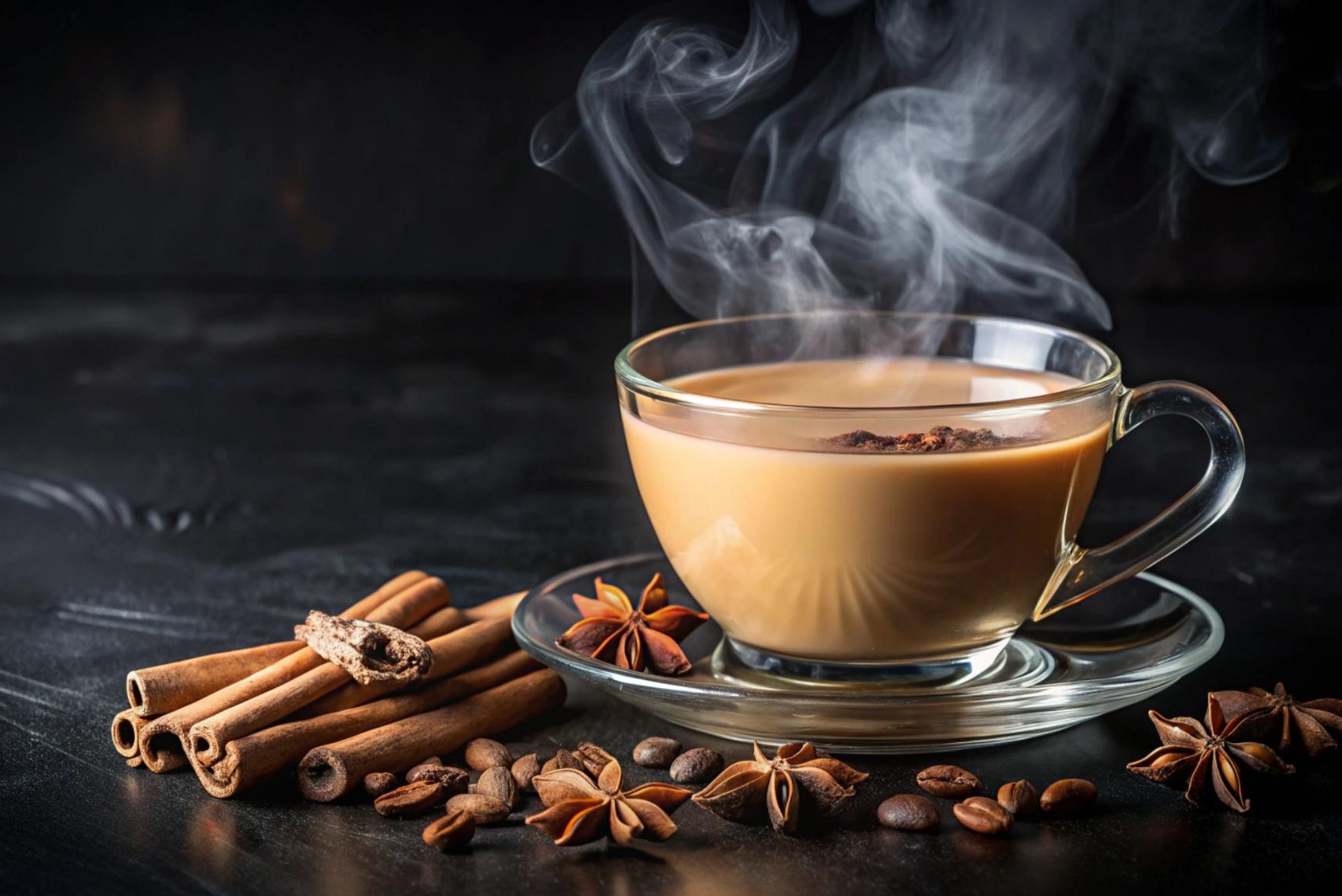 Steaming spiced coffee with cinnamon and star anise