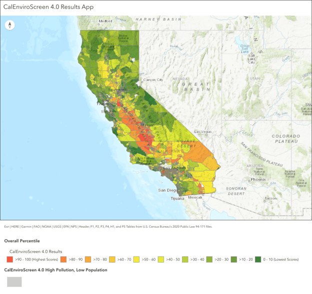 California choropleth map showing pollution scores