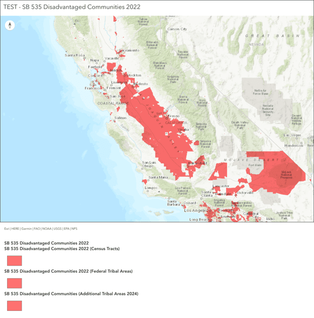 California map highlighting disadvantaged communities in red