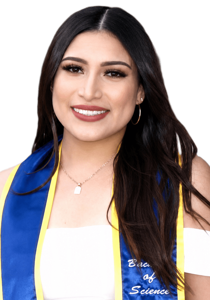 Smiling graduate woman wearing blue and gold stole